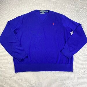 Polo By Ralph Lauren Men’s Vintage V Neck Sweater Size XXL Blue Merino Wool